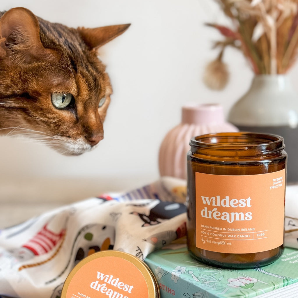 Wildest Dreams bergamot, jasmine and essential oil hand poured candle with gold lid. With my bengal cat Freya