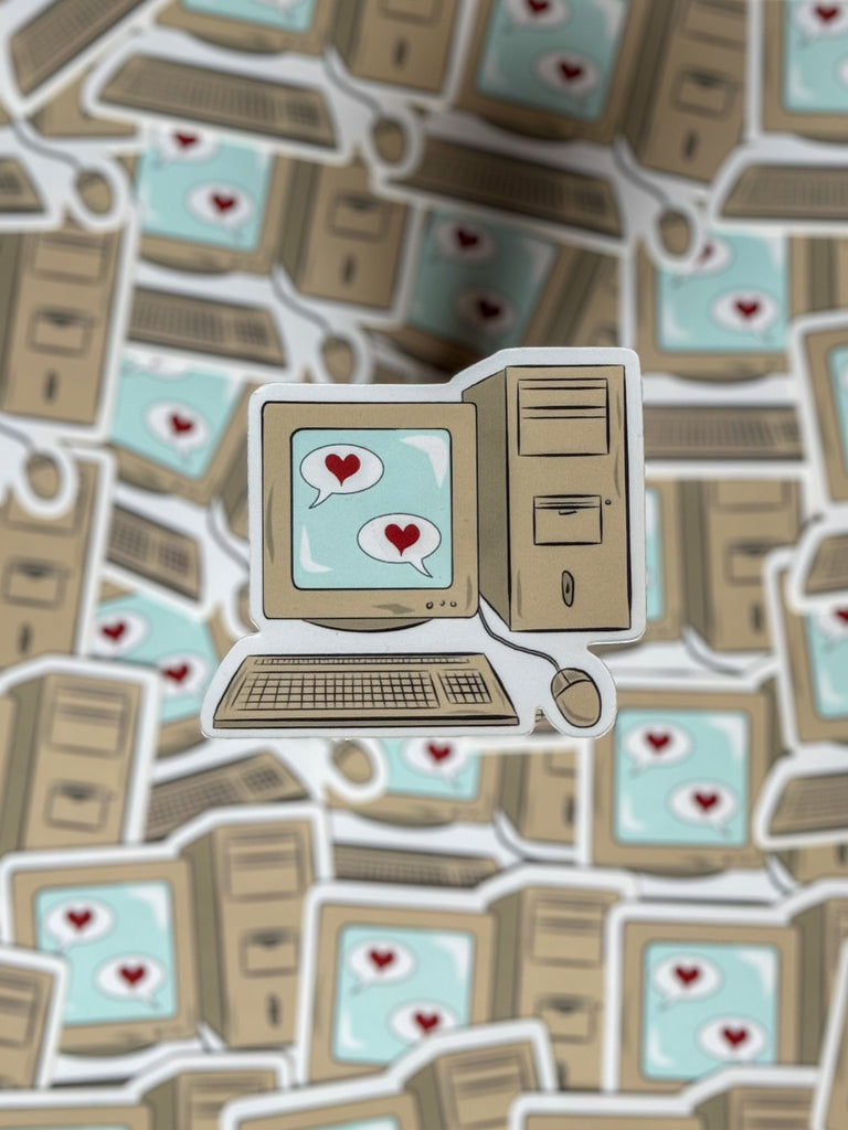 vintage illustrated computer with two hearts in chat bubbles
