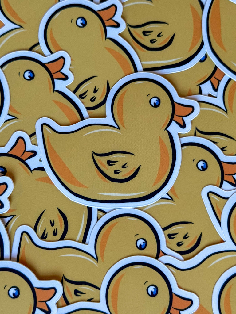 close up of our rubber duck vinyl sticker. perfect for a child's lunchbox 