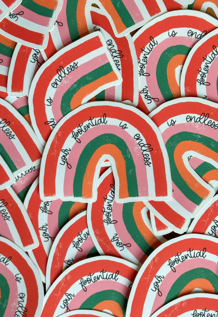 'Your Potential Is Endless' rainbow stickers in a group, perfect for personalising items with a motivational message